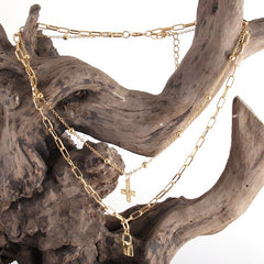 Boho Necklace, RH Two Layer Copper Gold Lock and Key