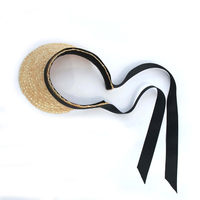 Boho Hat, Sun Hat, Beach Hat, Shade Visor Beige Straw Cap Black Ribbon