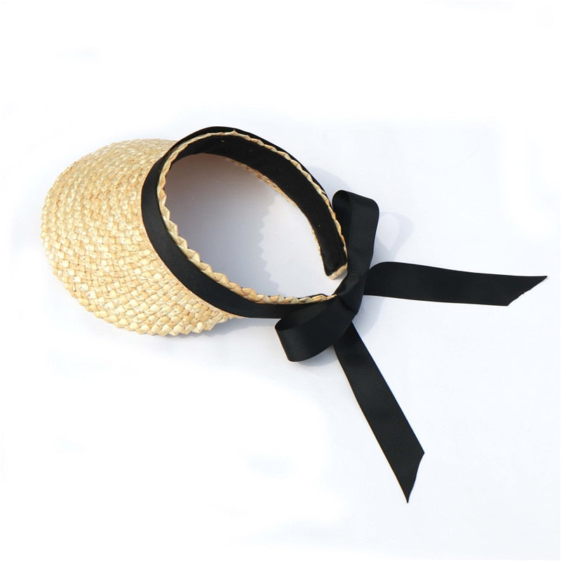 Boho Hat, Sun Hat, Beach Hat, Shade Visor Beige Straw Cap Black Ribbon