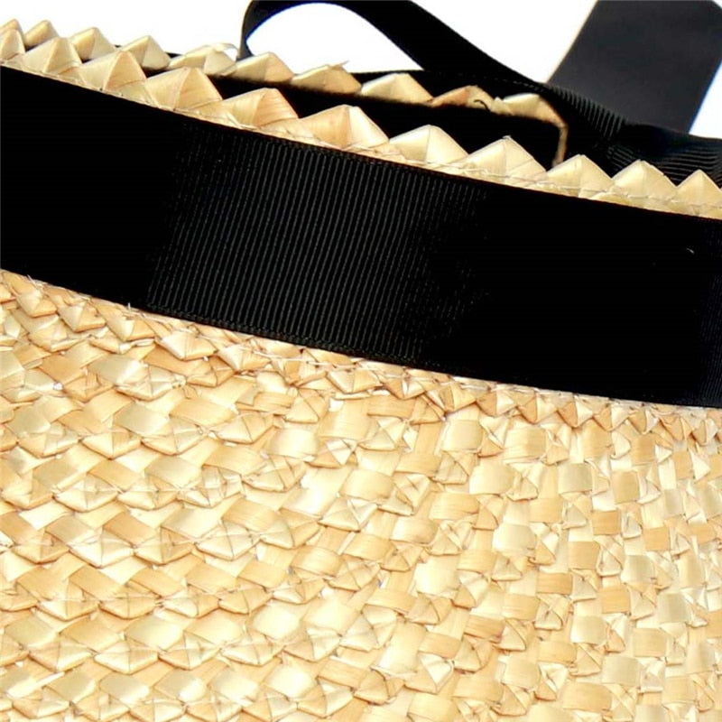 Boho Hat, Sun Hat, Beach Hat, Shade Visor Beige Straw Cap Black Ribbon