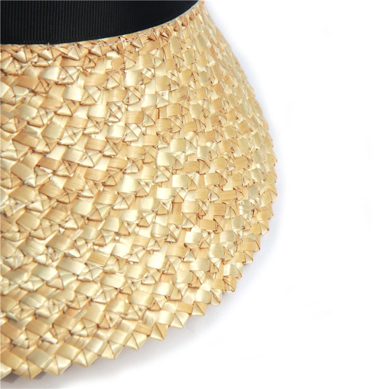 Boho Hat, Sun Hat, Beach Hat, Shade Visor Beige Straw Cap Black Ribbon
