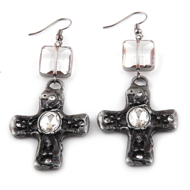 Boho Earrings, RH Dangle Earrings, Silver Metal Cross