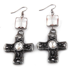 Boho Earrings, RH Dangle Earrings, Silver Metal Cross