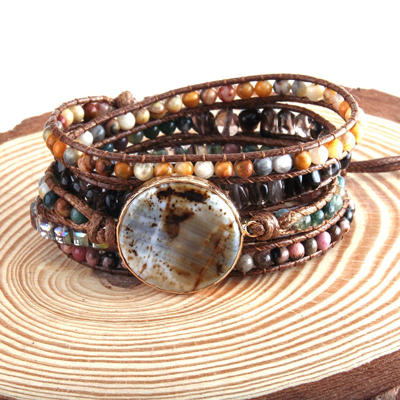 Boho Bracelet, RH 5 Layers Leather Wrap Bracelet, Natural Stones, Dusty Brown Armbander
