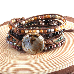 Boho Bracelet, RH 5 Layers Leather Wrap Bracelet, Natural Stones, Dusty Brown Armbander