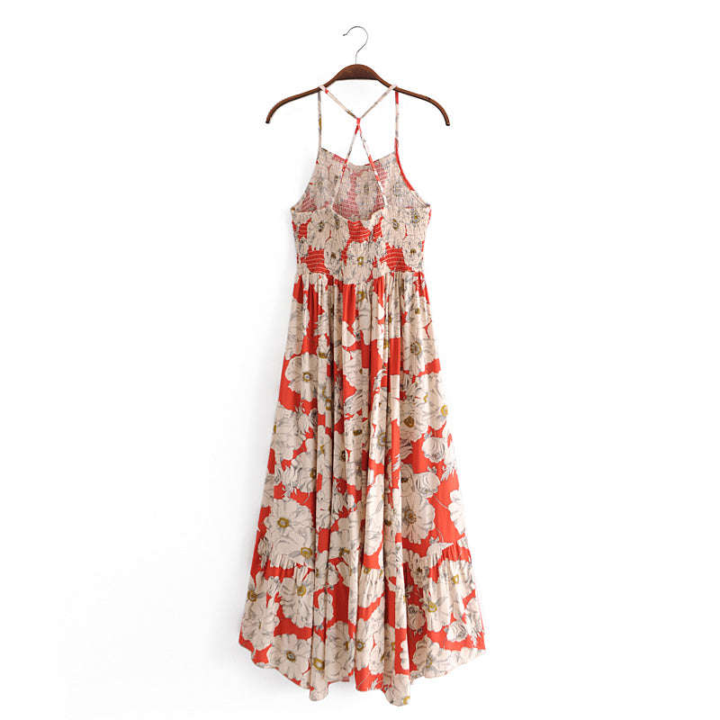 Boho Maxi Dress, Strappy, Red Peony