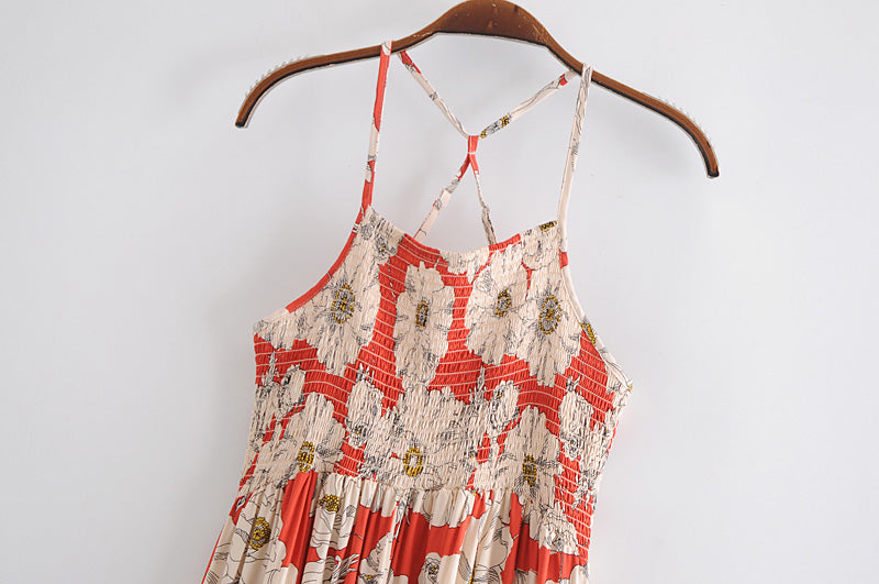 Boho Maxi Dress, Strappy, Red Peony
