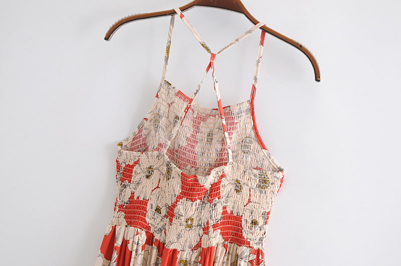 Boho Maxi Dress, Strappy, Red Peony