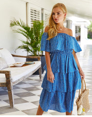 Boho Midi Dress, Sundress, Sadie Ruffle in Blue