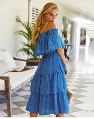 Boho Midi Dress, Sundress, Sadie Ruffle in Blue