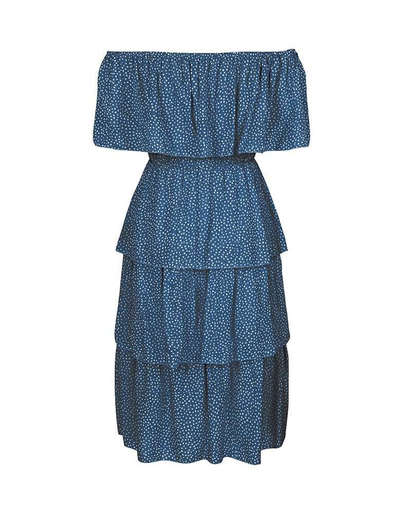 Boho Midi Dress, Sundress, Sadie Ruffle in Blue