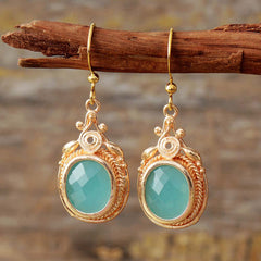 Boho Earrings, Dangle Earrings, Green Rhinestone Gold