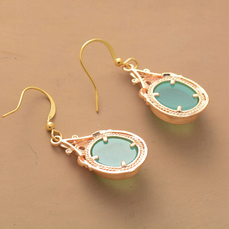 Boho Earrings, Dangle Earrings, Green Rhinestone Gold