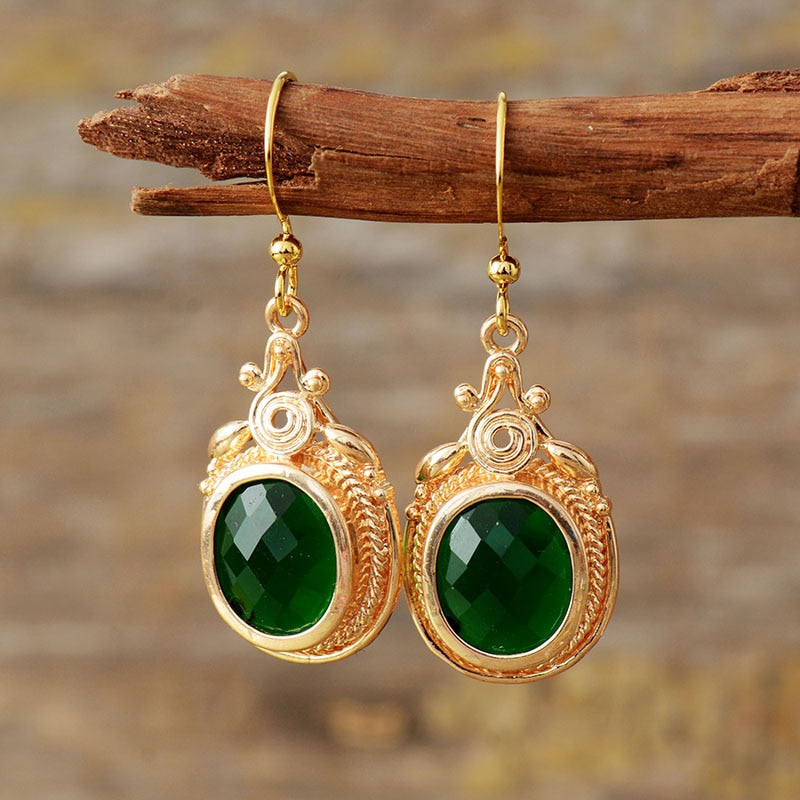 Boho Earrings, Dangle Earrings, Green Rhinestone Gold