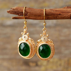 Boho Earrings, Dangle Earrings, Green Rhinestone Gold