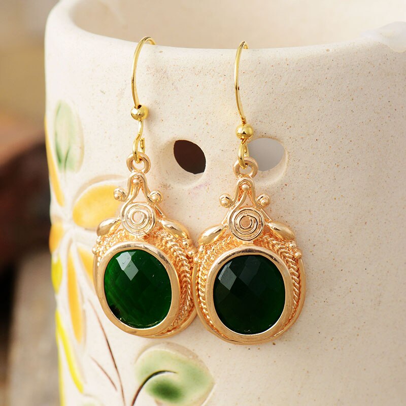 Boho Earrings, Dangle Earrings, Green Rhinestone Gold