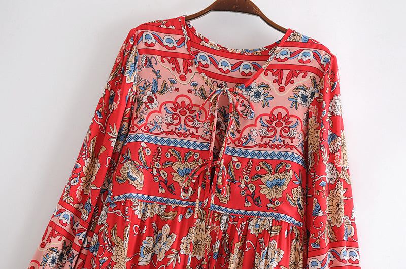 Gown Dress, Boho Maxi Dress, Loose Dress, Red India Flower