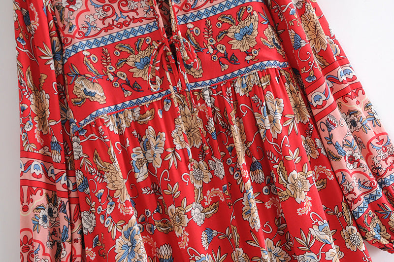 Gown Dress, Boho Maxi Dress, Loose Dress, Red India Flower