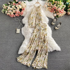 Vintage Two Piece Set, Boho Matching Crop Top and Palazzo Pant,  Andrea Sweet Flowerin White, Yellow and Pink