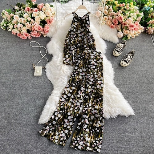 Vintage Two Piece Set, Boho Matching Crop Top and Palazzo Pant,  Andrea Sweet Flowerin White, Yellow and Pink