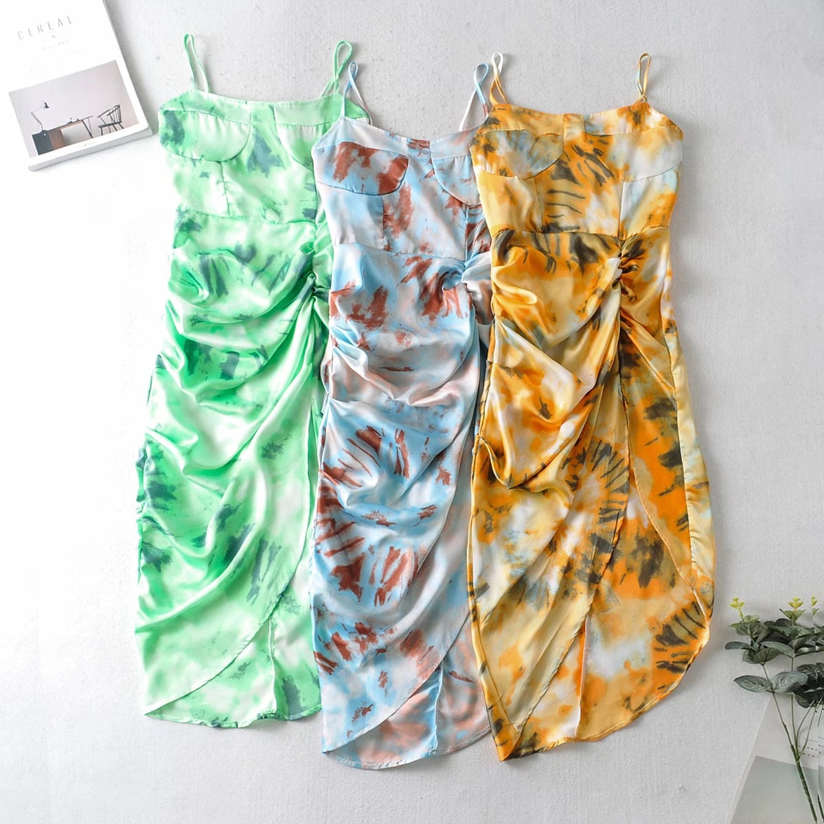 Boho Midi Dress, Strappy, Yellow Blue Neon