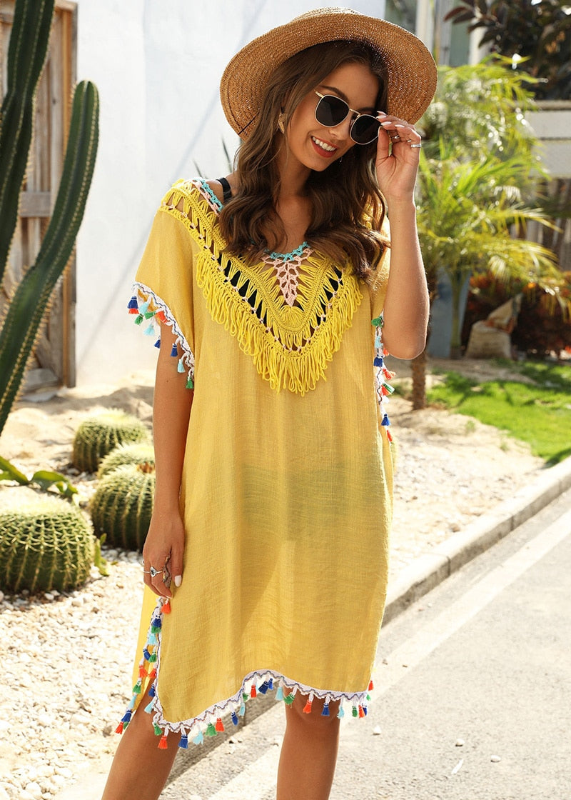 Midi Dress, Beach Dress, Cover up Dress,, White & Yellow Shunshine