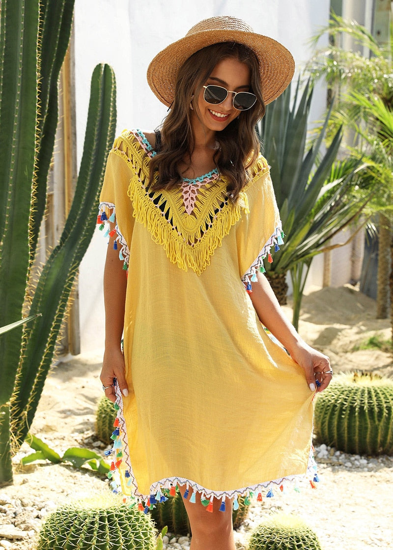 Midi Dress, Beach Dress, Cover up Dress,, White & Yellow Shunshine