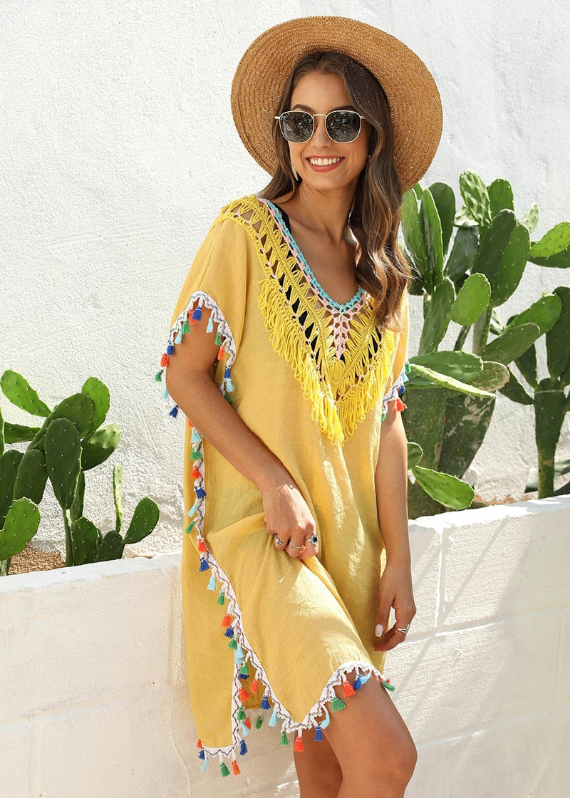 Midi Dress, Beach Dress, Cover up Dress,, White & Yellow Shunshine