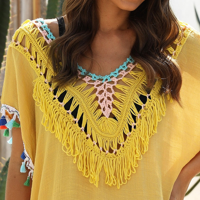 Midi Dress, Beach Dress, Cover up Dress,, White & Yellow Shunshine