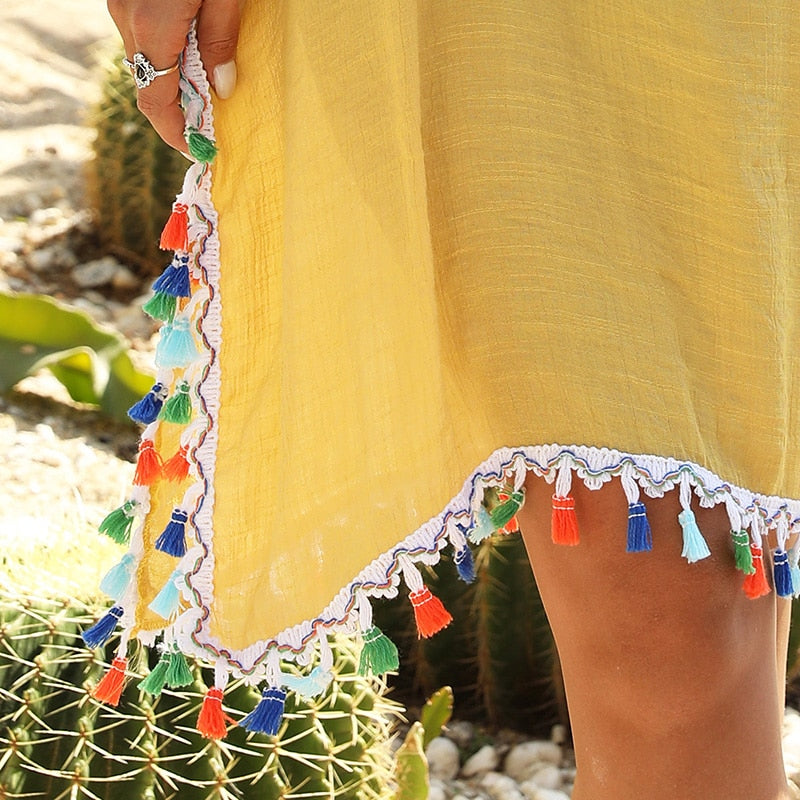 Midi Dress, Beach Dress, Cover up Dress,, White & Yellow Shunshine