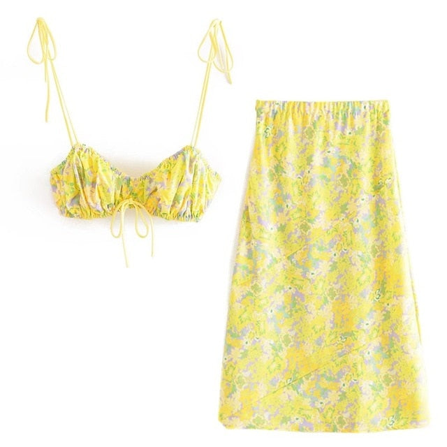Boho Two Piece Set, Crop Top and Skirt, YellowLittle Flower
