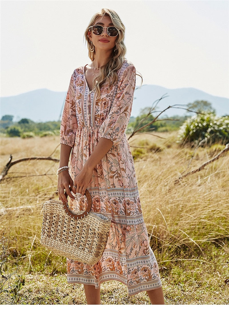 Boho Midi Dress, Sundress, Viola in Pink