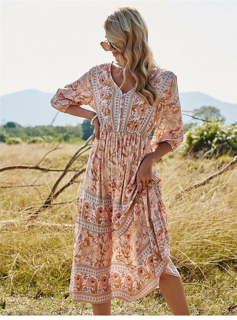 Boho Midi Dress, Sundress, Viola in Pink