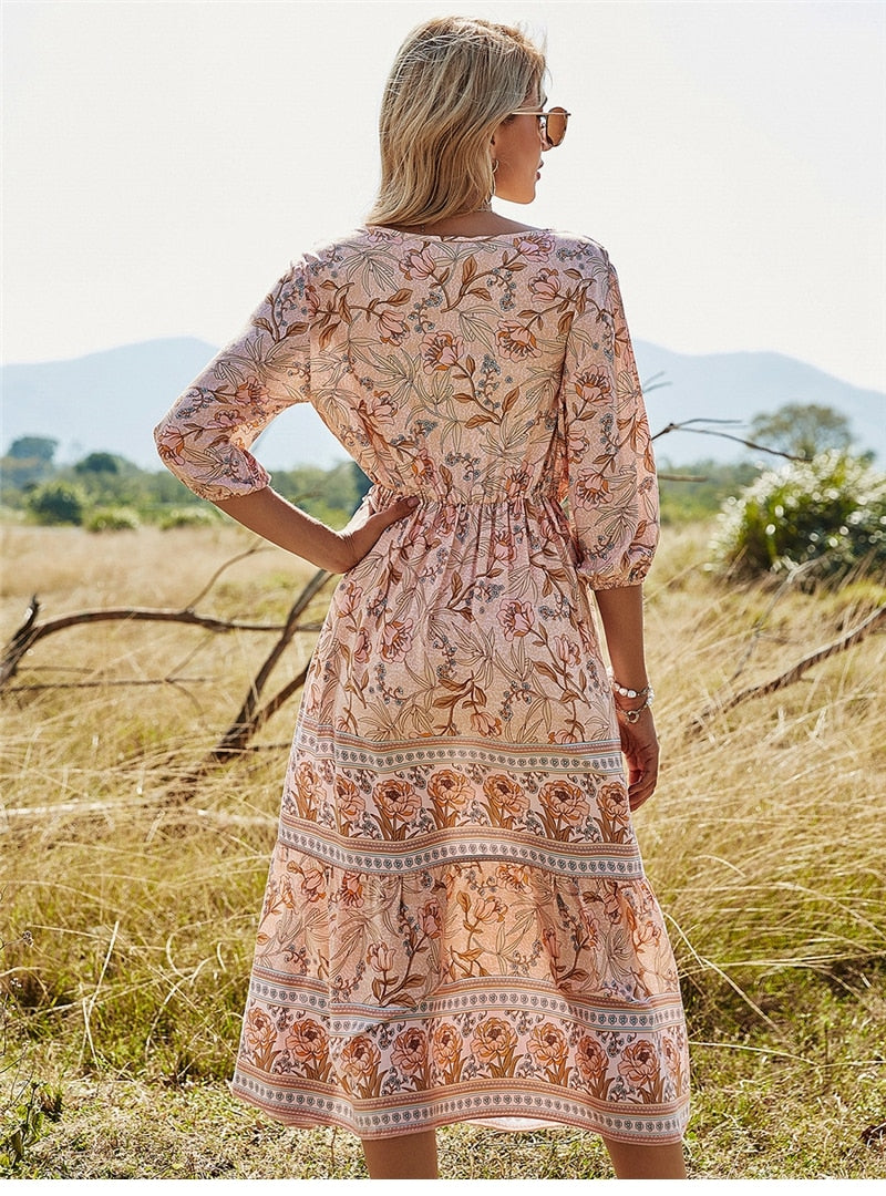 Boho Midi Dress, Sundress, Viola in Pink