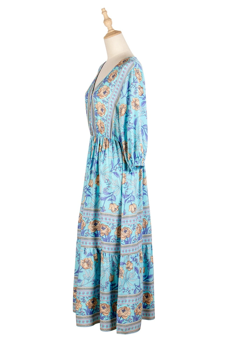 Boho Midi Dress, Sundress, Viola in Blue