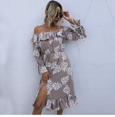 Boho Midi Dress, Off Shoulder Dress, Fall Leaf in Coffee Brown