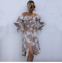 Boho Midi Dress, Off Shoulder Dress, Fall Leaf in Coffee Brown
