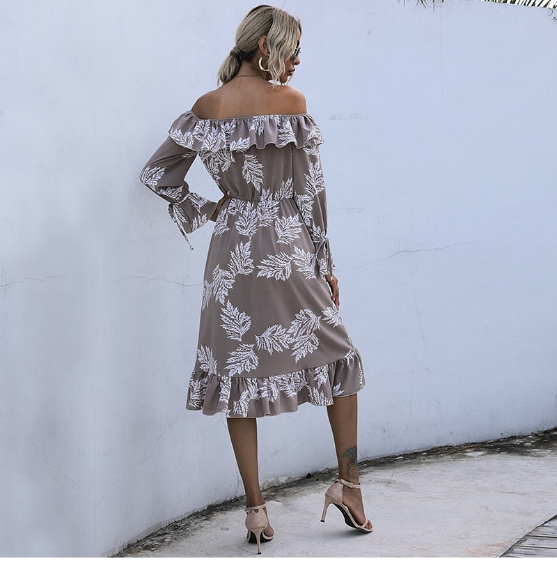 Boho Midi Dress, Off Shoulder Dress, Fall Leaf in Coffee Brown