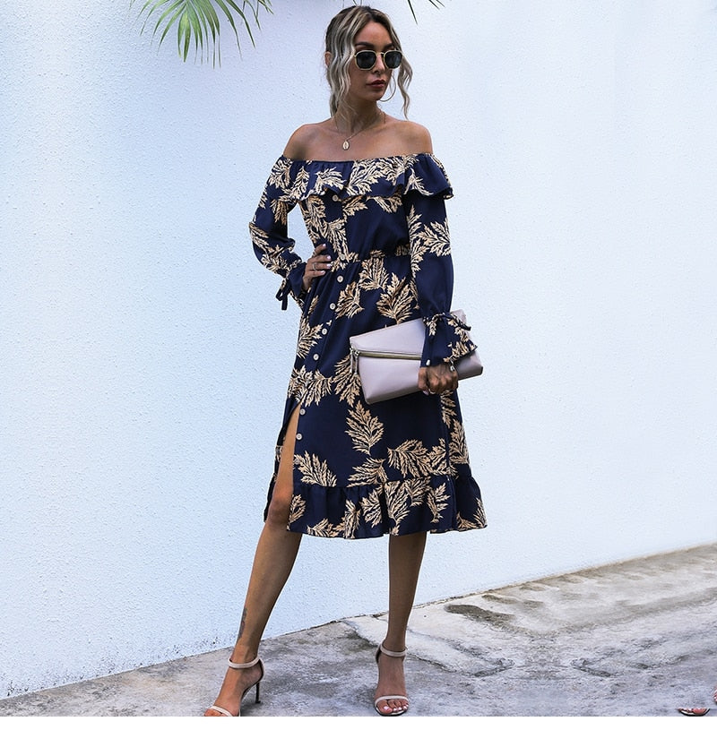 Boho Midi Dress, Off Shoulder Dress, Fall Leaf in Coffee Brown