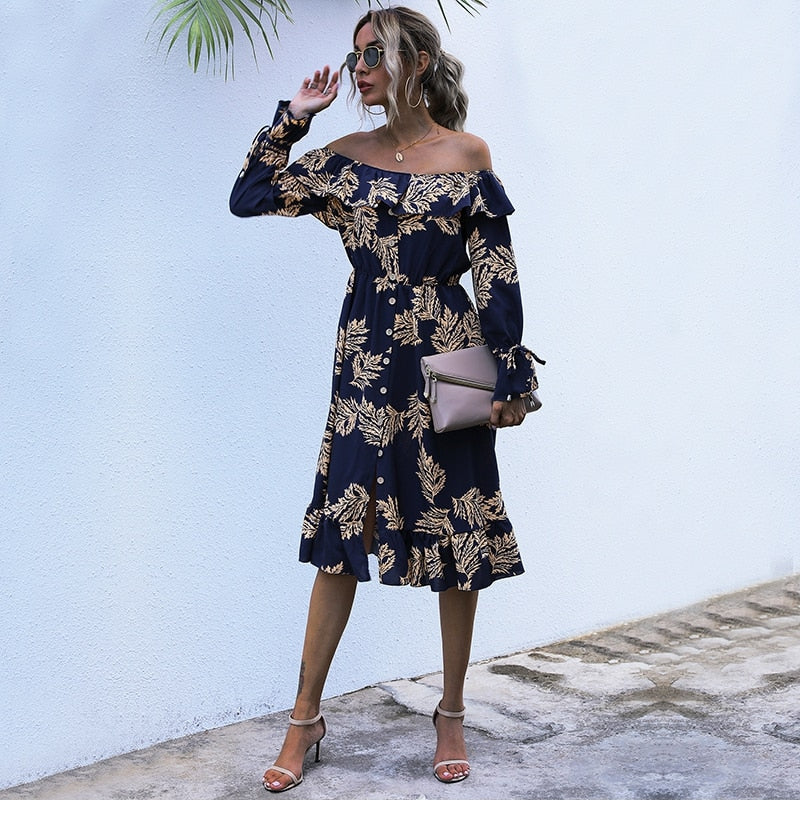 Boho Midi Dress, Off Shoulder Dress, Fall Leaf in Coffee Brown