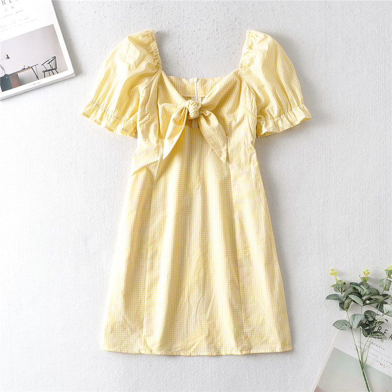 Boho Mini Dress Bow Glen in Yellow and Green