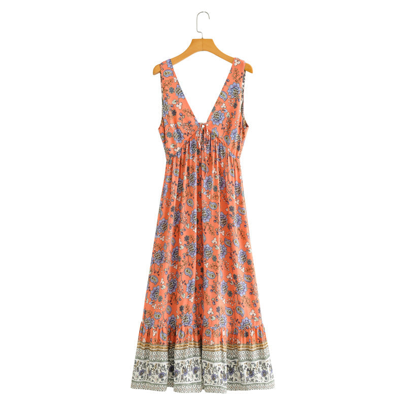 Boho Maxi Dress, Sundress, Pink Blue Morning Glory
