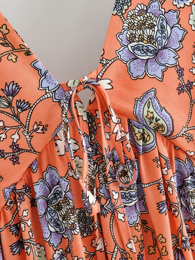 Boho Maxi Dress, Sundress, Pink Blue Morning Glory