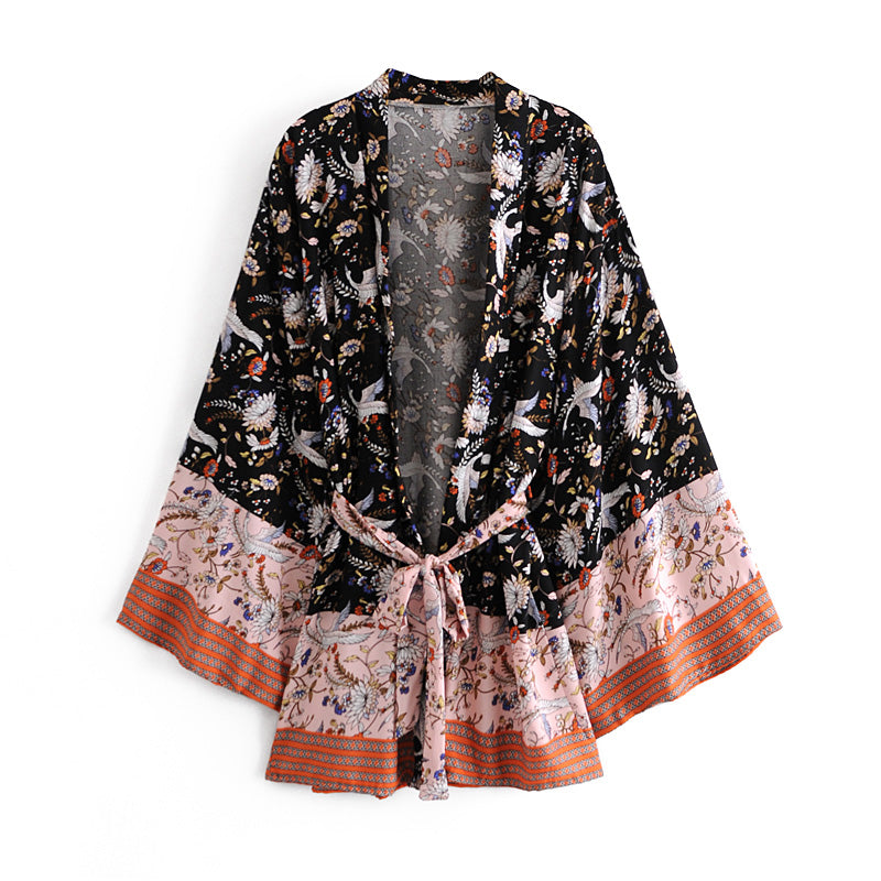 Boho Robe, Kimono Robe,  Beach Cover up, Black Lari Bird