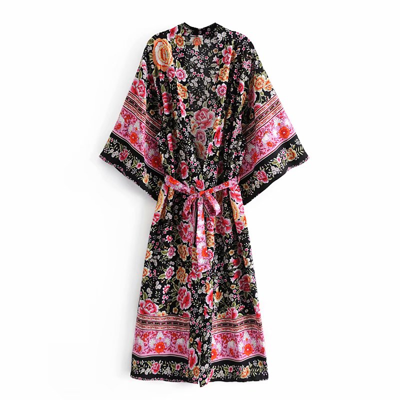 Boho Robe, Kimono Robe,  Beach Cover up, Pink Night Blooming