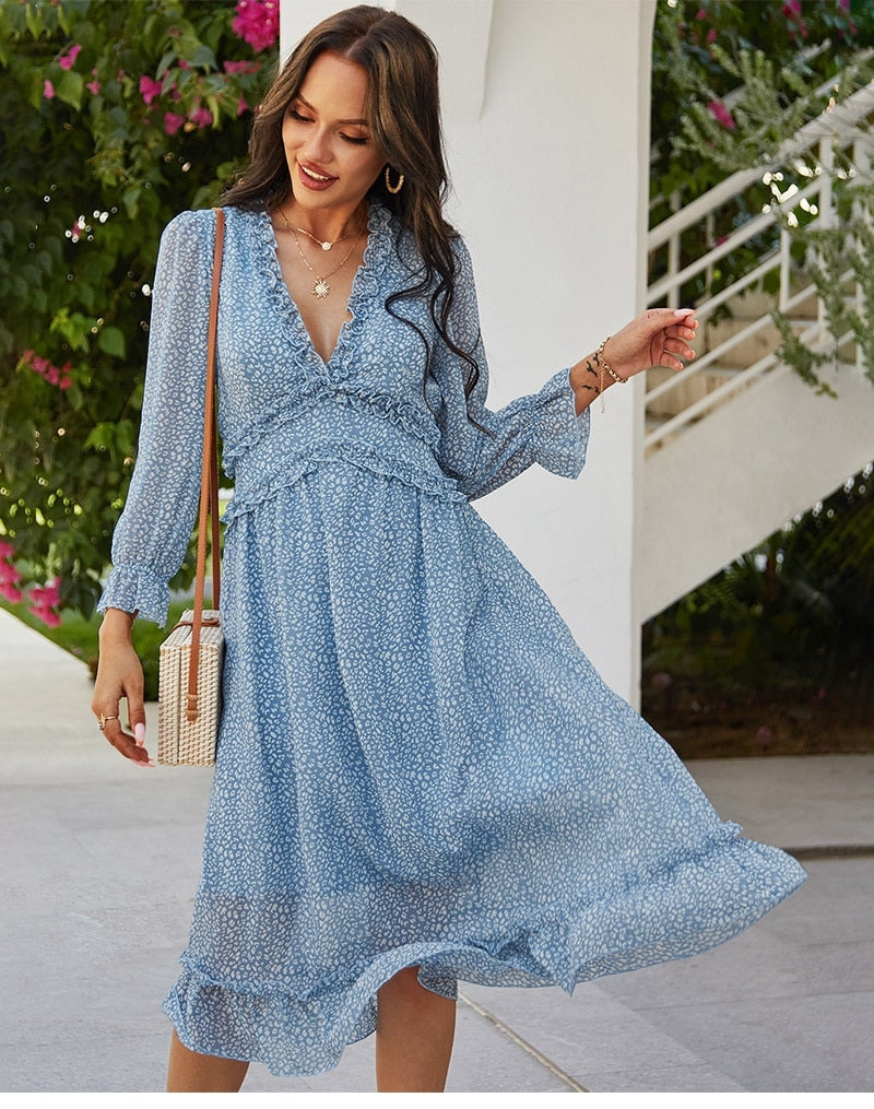 Boho Midi Dress, Ruffle Lillian Blue