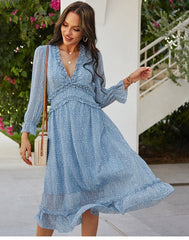 Boho Midi Dress, Ruffle Lillian Blue