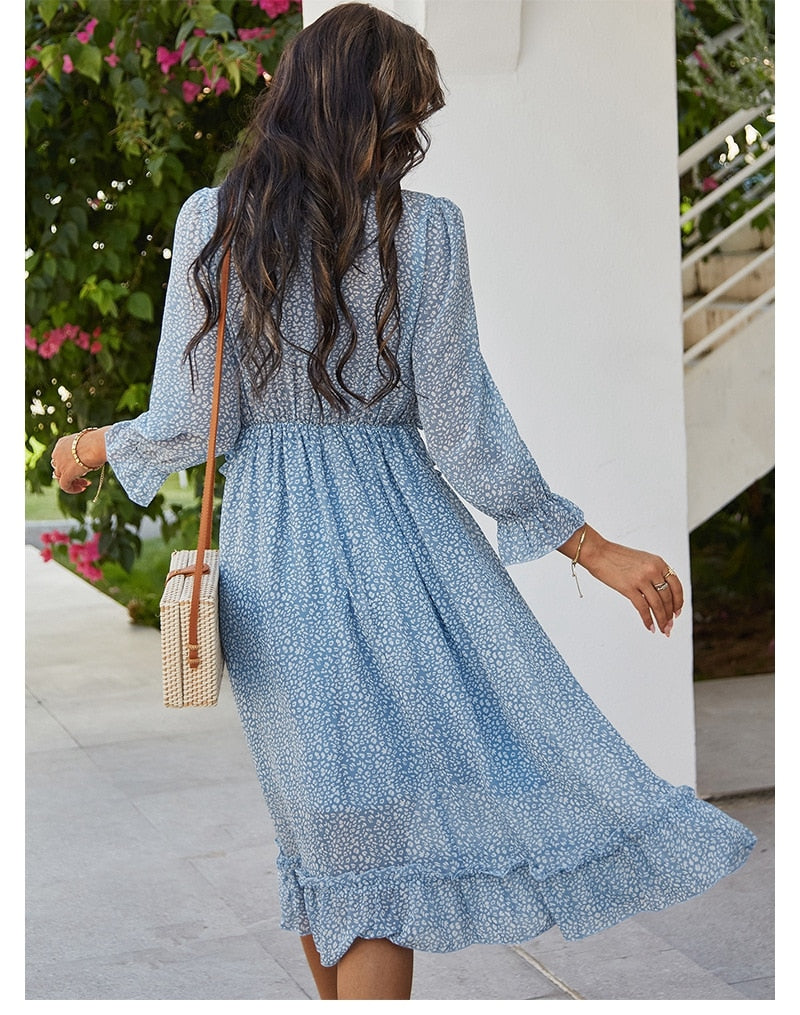 Boho Midi Dress, Ruffle Lillian Blue