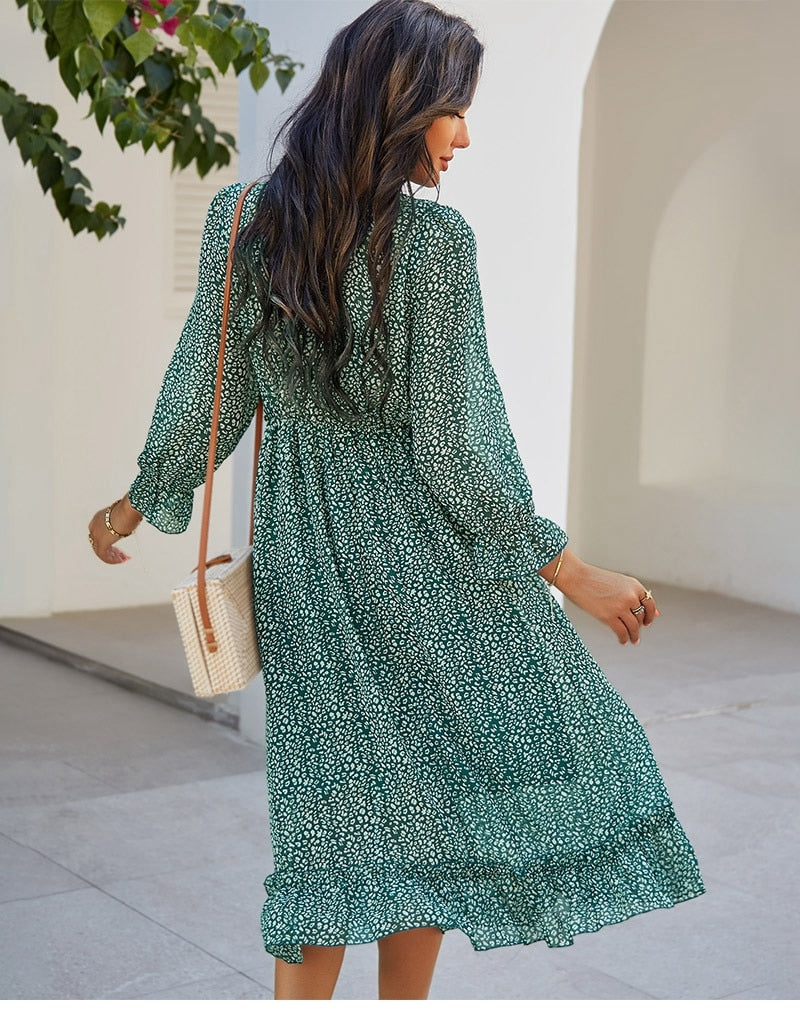 Boho Midi Dress, Ruffle Lillian Green