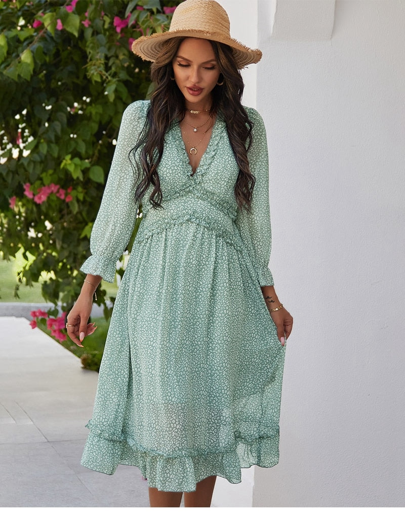 Boho Midi Dress, Ruffle Lillian Mint Green